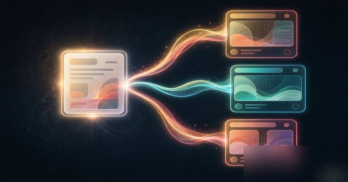 Illustration of one document branching into three platform card formats